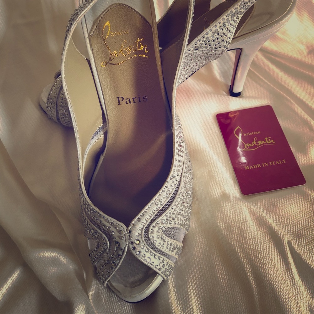 White Rhinestone heels.